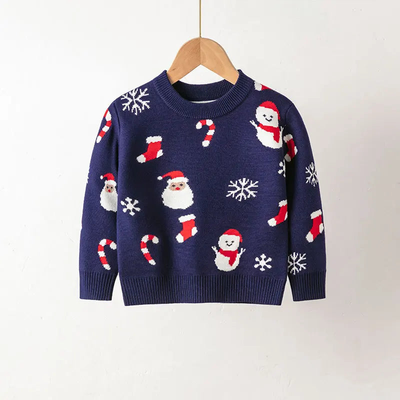 Kid Boys and Girls Casual Long Sleeves Top with Cartoon Prints in Christmas Blue Series Unisex Sweater for Children Comfortable