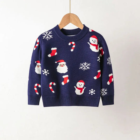 Kid Boys and Girls Casual Long Sleeves Top with Cartoon Prints in Christmas Blue Series Unisex Sweater for Children Comfortable