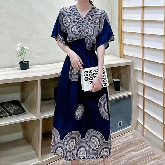 Summer Trend Ethnic V-Neck Printed Women's Dress Vintage Elegant Batswing Sleeves Elastic Waist Large Swing Casual Holiday Dress Beauty hair & fashionfj