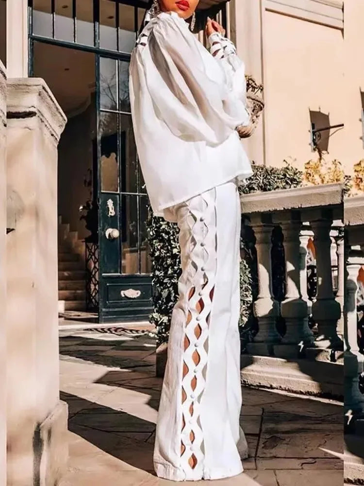 2 Piece Set Women Plus Size Hollow Out Sexy Young Daily Soft Full Sleeve Fashion Pants Wide Leg Wholesale Dropshipping Beauty hair & fashionfj