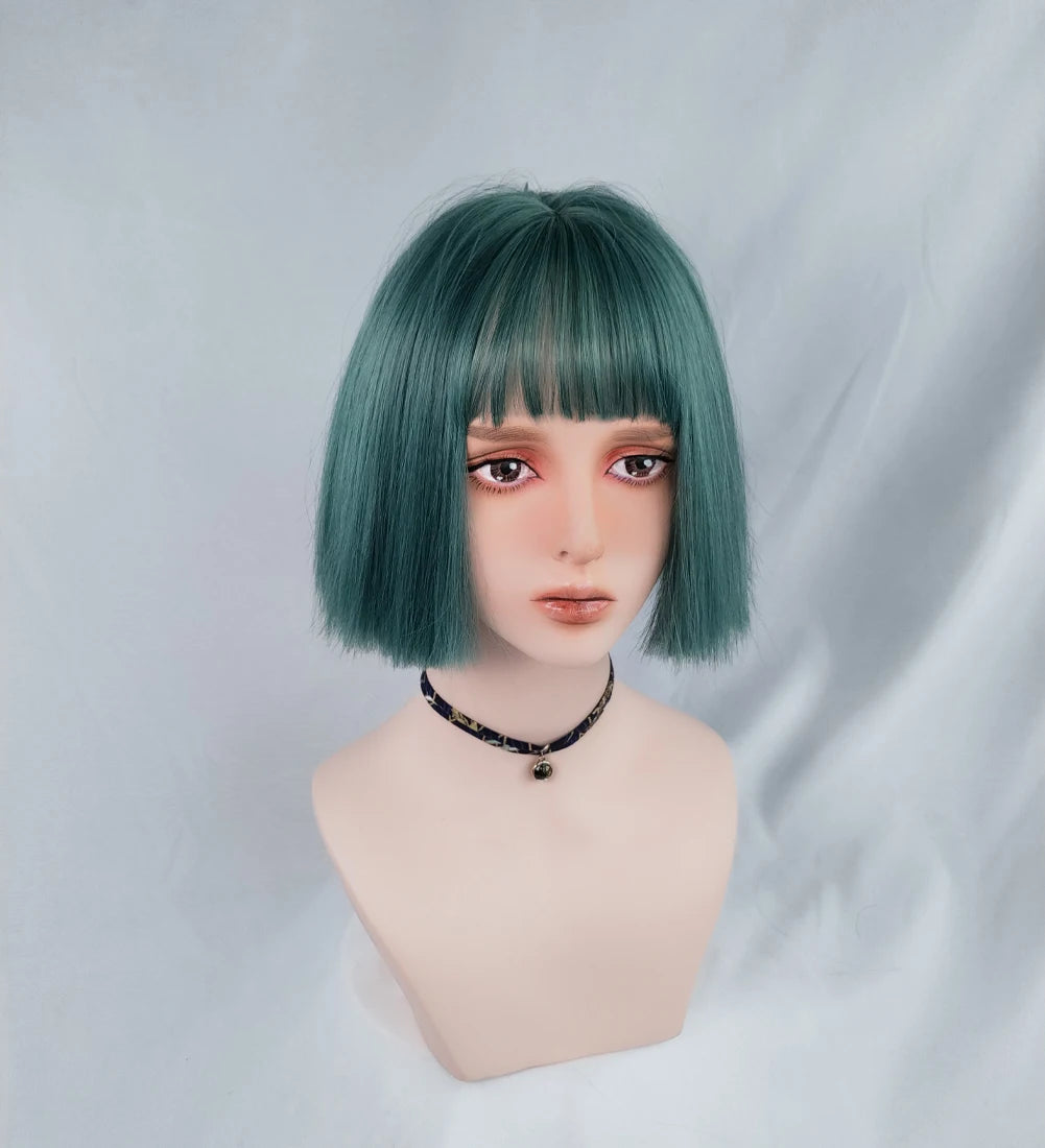 Short Bob Straight Synthetic Blonde Wig With Bangs Girl Female Crochet Hair Silver White Pink Orange Wig