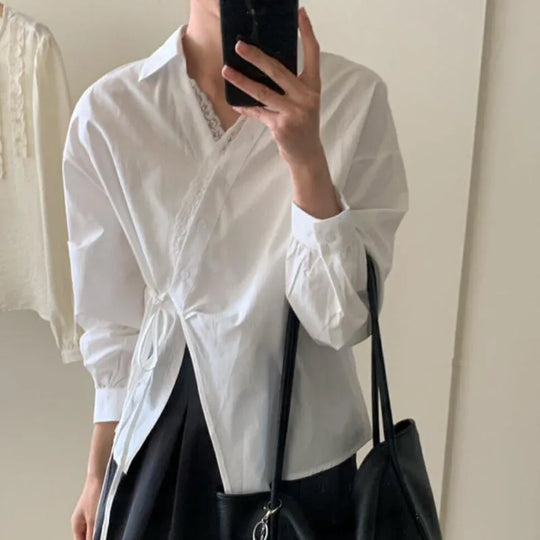 French Retro Lace Patchwork V-Neck Shirts Women Fashion Irregular Bandage Long Sleeve Shirt Woman Korean Design White Blouse
