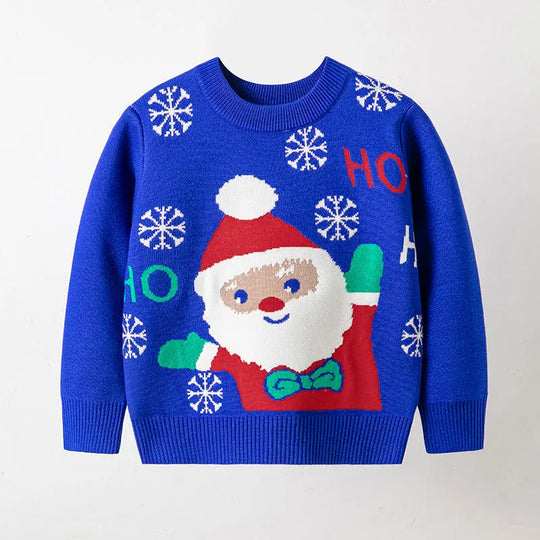 Kid Boys and Girls Casual Long Sleeves Top with Cartoon Prints in Christmas Blue Series Unisex Sweater for Children Comfortable
