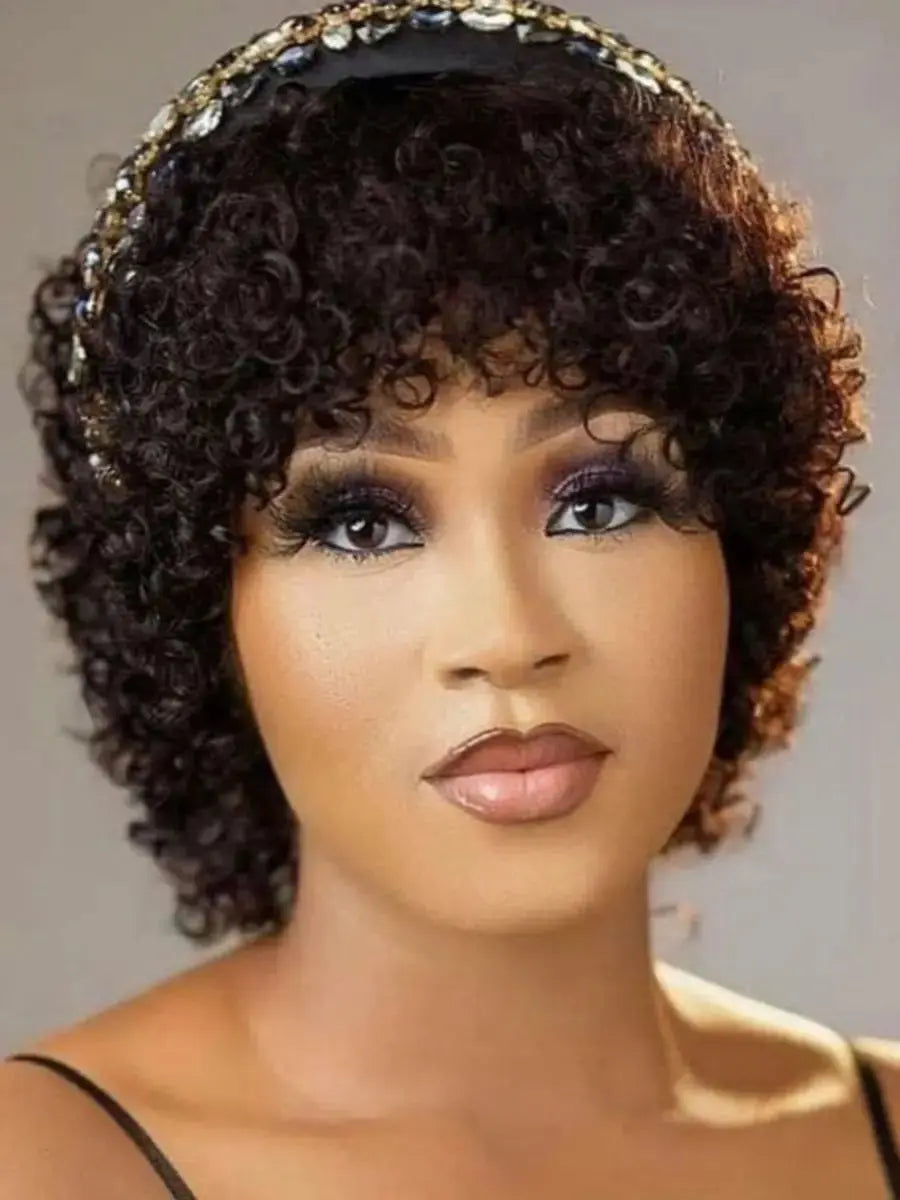8 Inch Short Pixie Curly Bob Wig with Bangs Brazilian Human Hair Bouncy Curl Wig for Women Ready to Go Wig Beauty hair & fashionfj