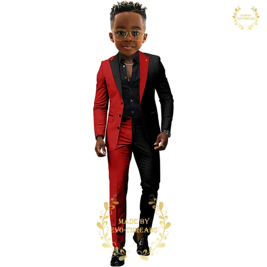 Fashion boys' suit 2 PCS set black red spliced color jacket pants custom kids' tuxedo for wedding dinner birthday Easter party