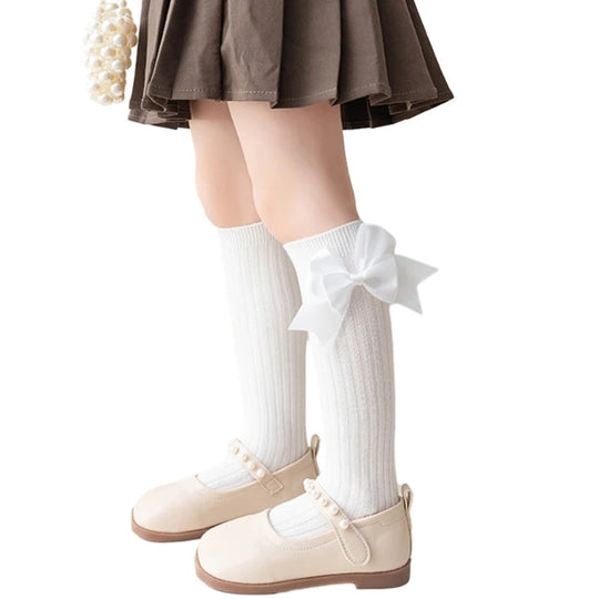 Pairs Girls Knee High Socks with Big Ribbons Bow, Back to School Socks Cotton Socks Uniform Party Wear Long Socks