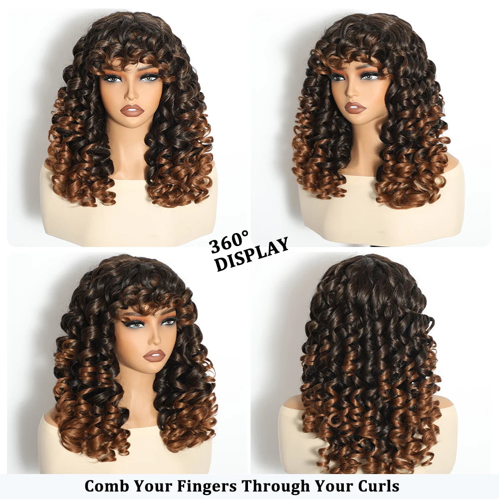 Curly Wig for Women Ombre Blonde Long Curly Wave Wigs with Bangs Synthetic Wig Natural Cosplay Party Heat Resistant Hair