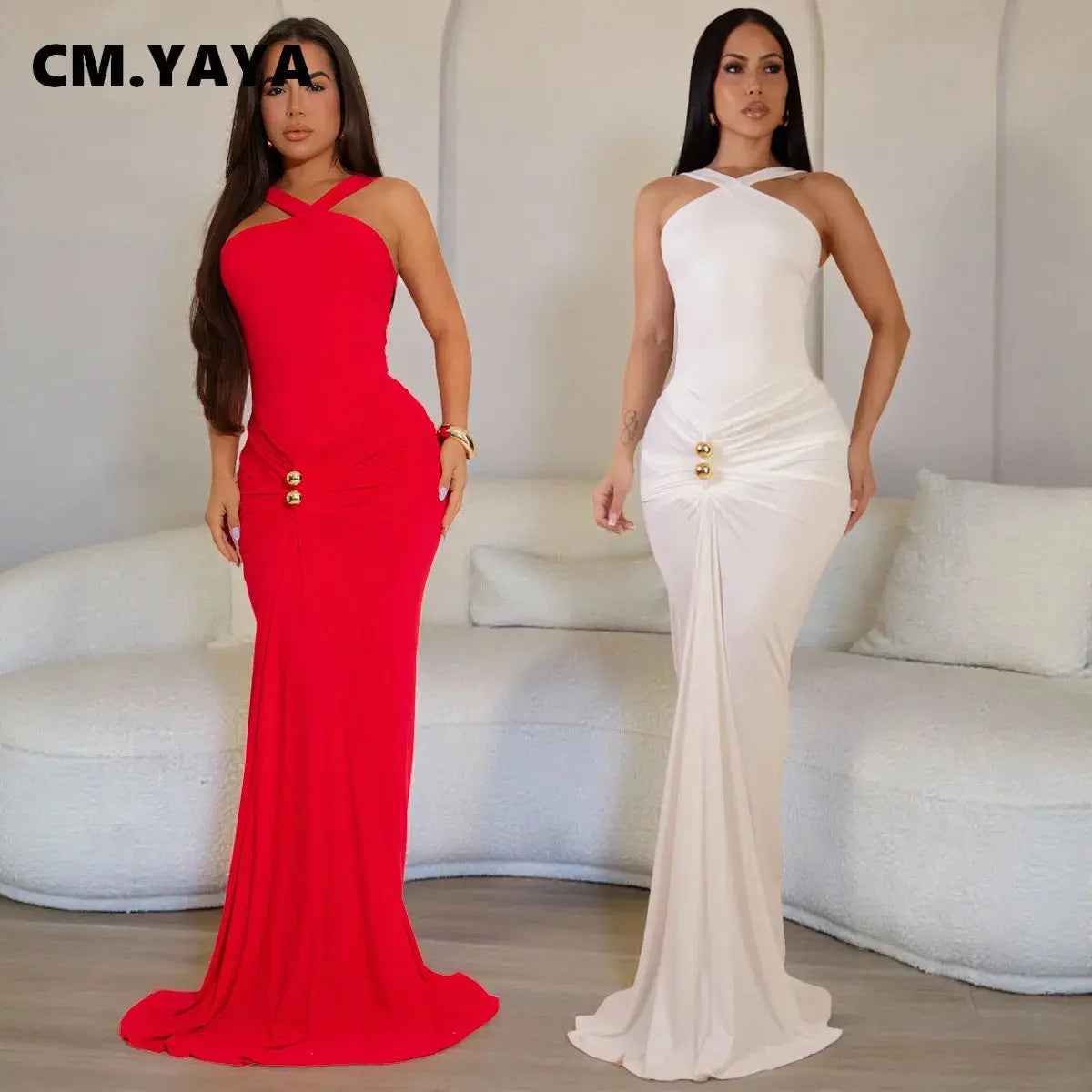 CM.YAYA Women Sleeveless Cross V-neck Ruched Stacked Midi Maxi Long Bodycon Dress 2025 Holiday Birthday Party Evening Dresses Beauty hair & fashionfj