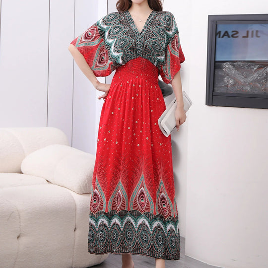 Summer Trend Ethnic V-Neck Printed Women's Dress Vintage Elegant Batswing Sleeves Elastic Waist Large Swing Casual Holiday Dress Beauty hair & fashionfj