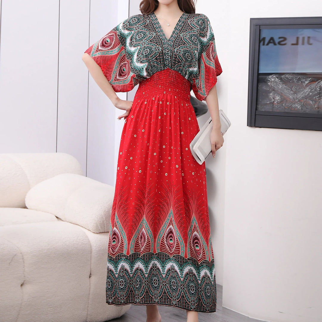 Summer Trend Ethnic V-Neck Printed Women's Dress Vintage Elegant Batswing Sleeves Elastic Waist Large Swing Casual Holiday Dress Beauty hair & fashionfj