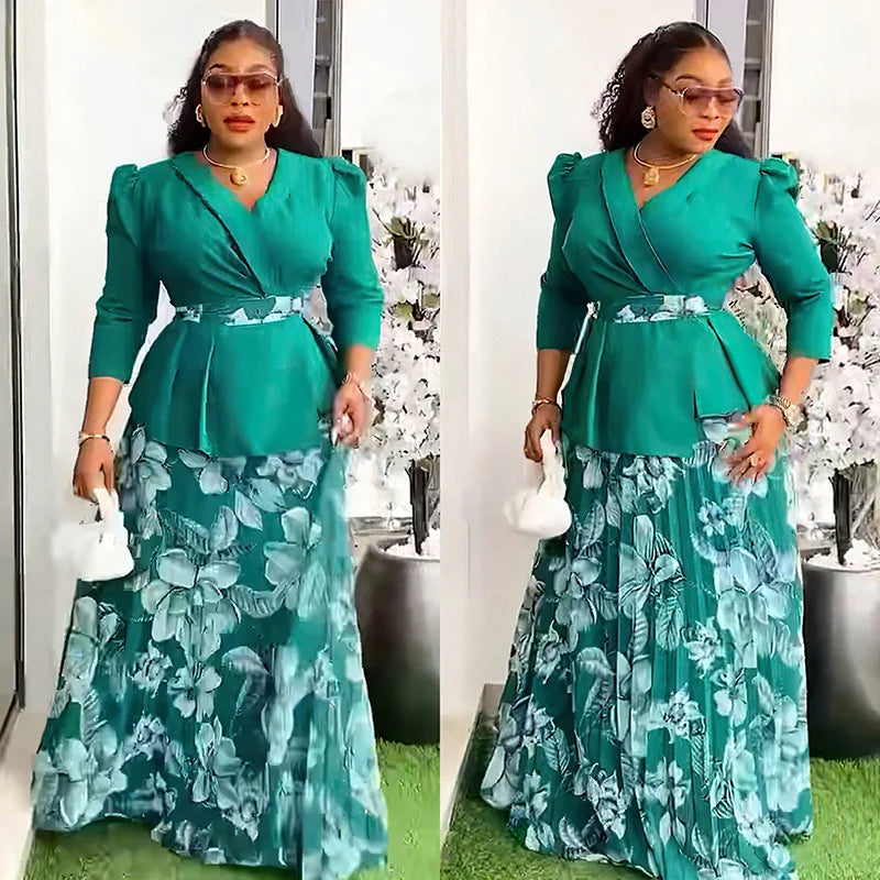 2 Piece African Clothes for Women Summer Fashion African Half Sleeve V-neck Polyester Printing Top Long Skirt Matching Sets 2025 Beauty hair & fashionfj