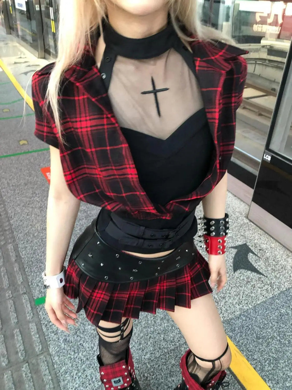 Goth Punk Plaid Two Piece Set Women Red Black Short Sleeve Crop Top Mini Pleated Skirt Belt Gloves Straps Streetwear Outfit 2025 Beauty hair & fashionfj