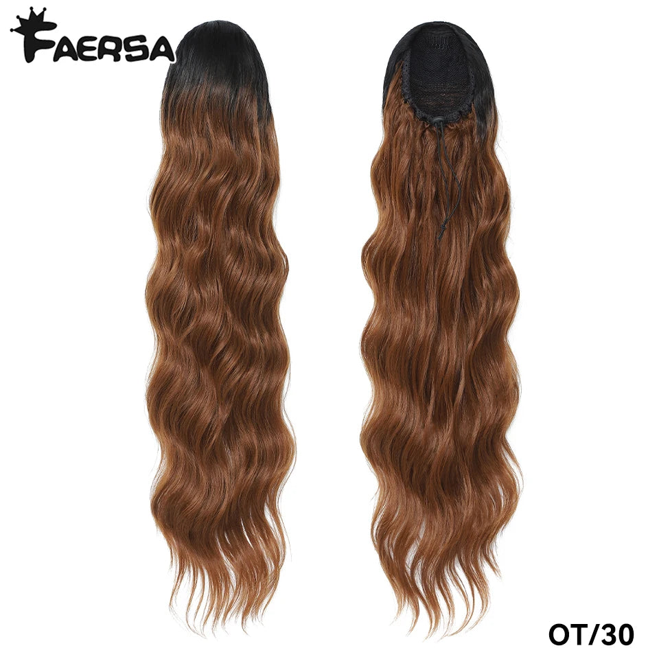 28 Inch Drawstring Ponytail Synthetic Hair Extensions For Black Women Long Wavy Clip-in High Temperature Pony Tail For Afro Girl