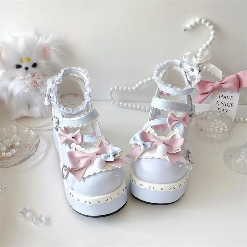 Sweet Girls Lolita Cute Bowknots Platform Shoes Kawaii Love Buckle Alice Flat Elevator Shoes Mary Janes Beauty hair & fashionfj