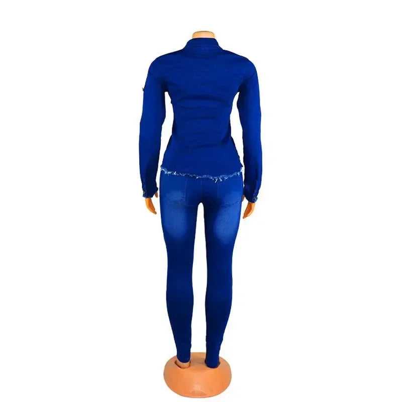 Casual Denim 2 Piece Set Jeans Suit Women Blue Long Sleeve Jeans Jacket Long Pants Slim Tracksuit Outfits 2024 Spring Autumn Beauty hair & fashionfj