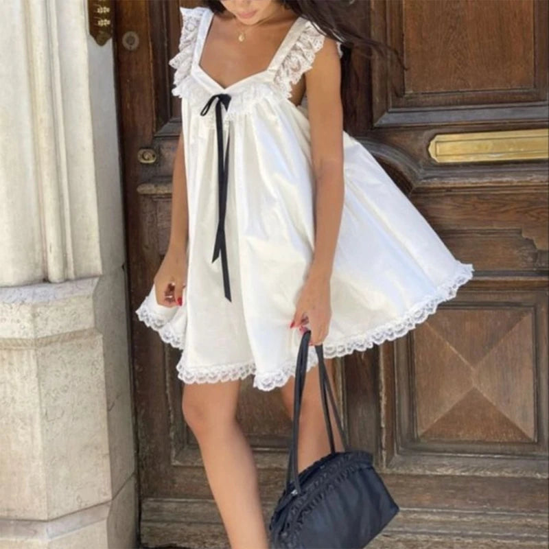 Cute Ribbon Bow Square Collar Sleeveless Short Dress Lace Trimmed Babydoll Mini Dress Fairycore Y2k Cute Women A-line Dress Beauty hair & fashionfj
