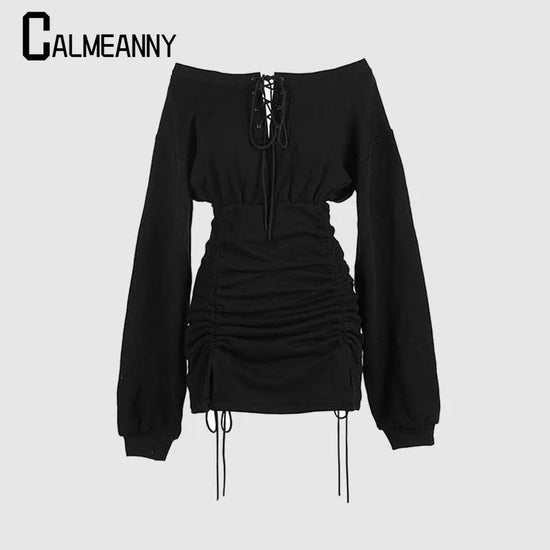 Off Shoulder Long Sleeve Pleated Women Sheath Dress 2023 Spring Autumn Street Style Hot Girl Dress Sexy Short Party Dresses