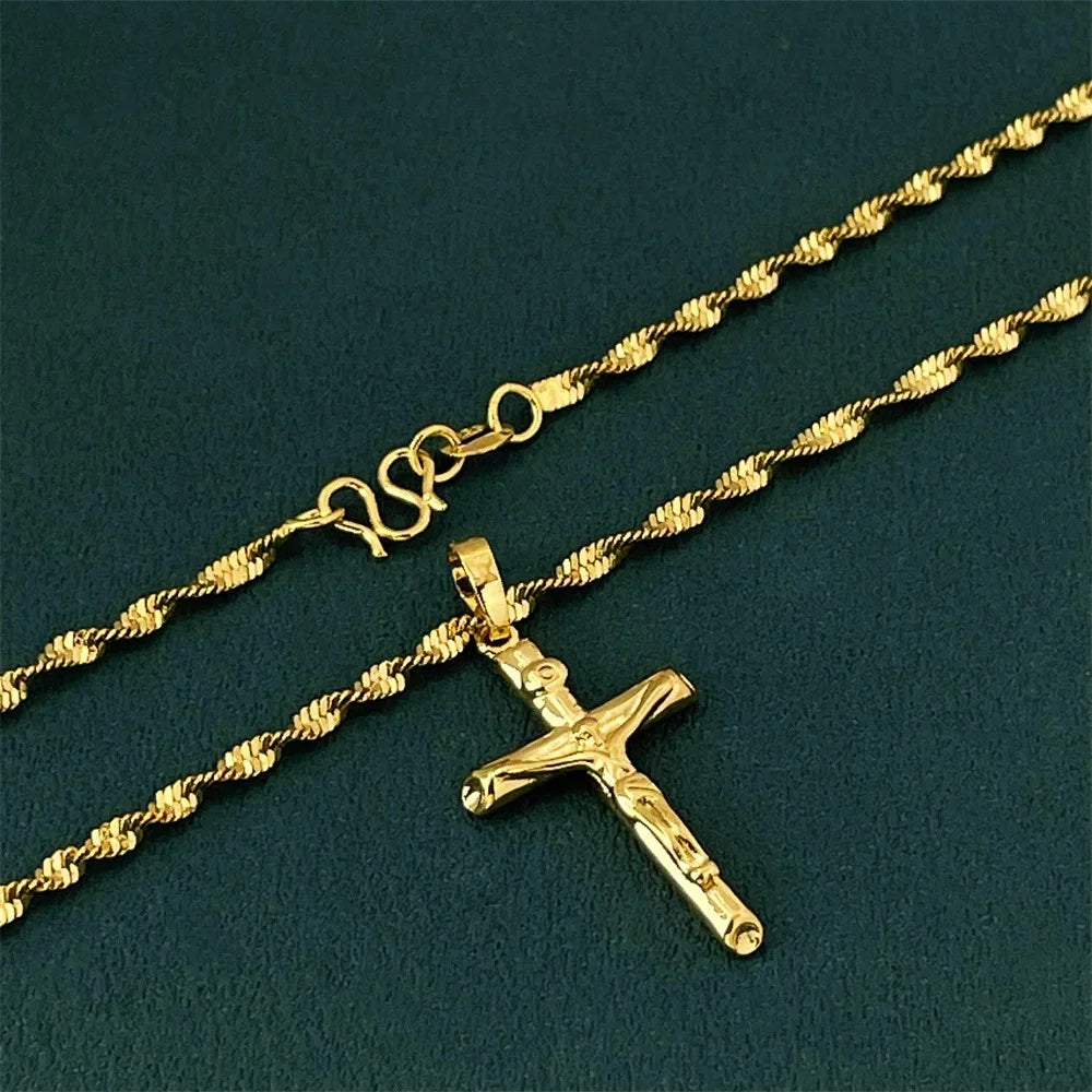 24K Gold AU999 Necklace | 3D double - layer cross, stacked with pearl chain, elegant & layered