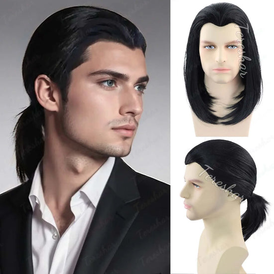 Synthetic Mens Wig Short Straight Black Wig 70s Vintage Vincent Vega Cosplay Wig 80s Halloween Costume Cosplay Party Fun Wig