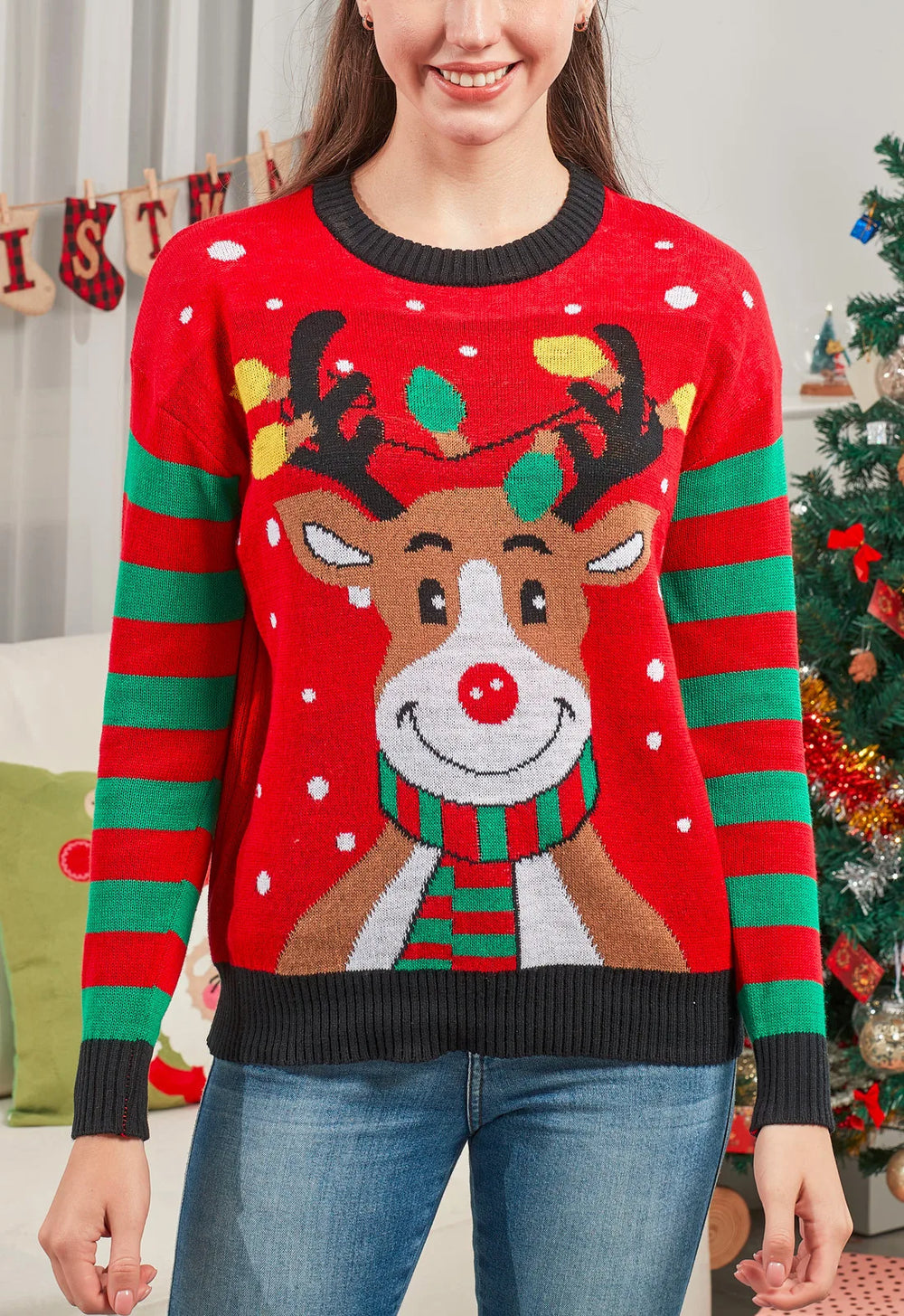 Xmas Family Look Women Men Boys Girls Matching Outfits Cartoon Print Christmas Knitting Sweater Full Sleeve O Neck Pullover Tops