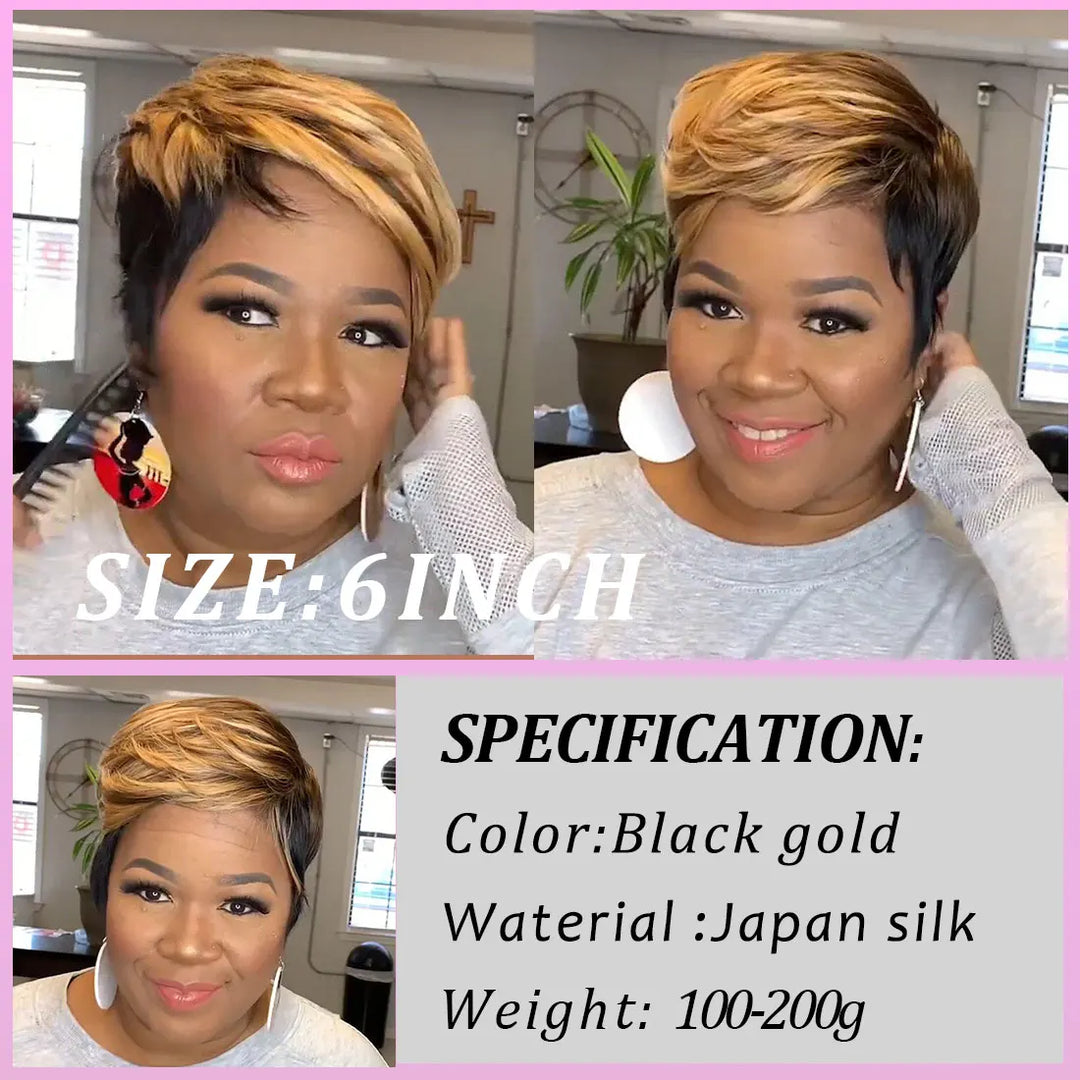 WIGERA Highlight Synthetic Short Straight Pixie Cut Hair Bob Wig Ombre Honey Blonde Mix Black Bronw Layered Hair Wigs For Woman