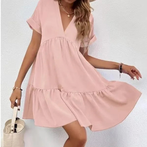 Women's Casual Short Skirt Fresh  Sweet V-neck Cake Solid Color Big Swing Elegant Summer New Solid Color Holiday Mini Dress Beauty hair & fashionfj