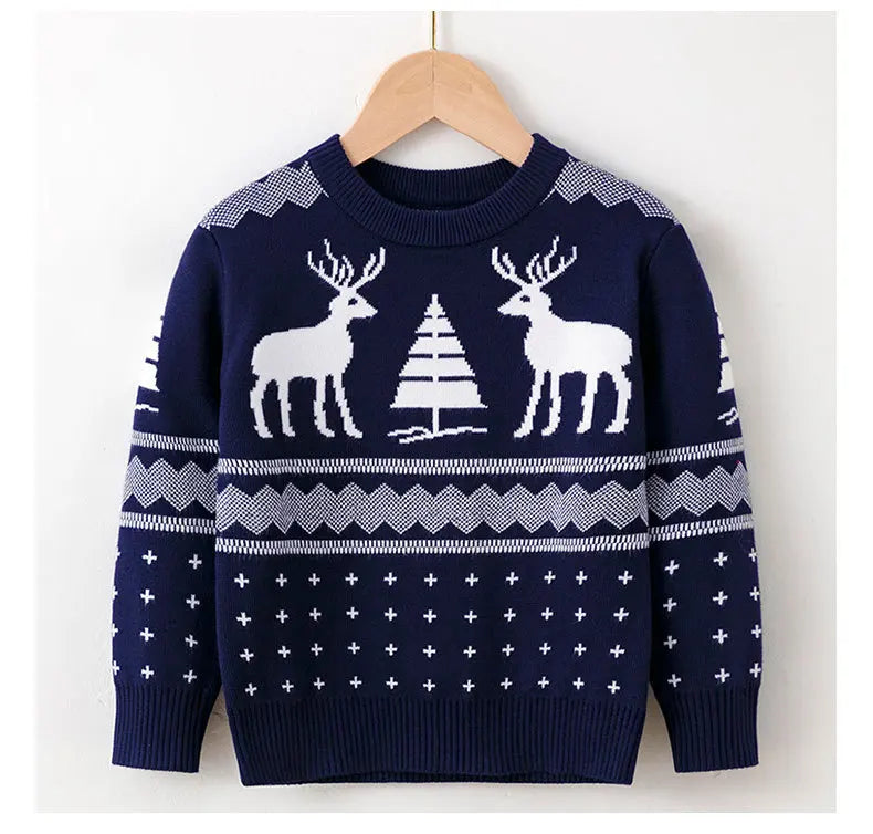 Kid Boys and Girls Casual Long Sleeves Top with Cartoon Prints in Christmas Blue Series Unisex Sweater for Children Comfortable