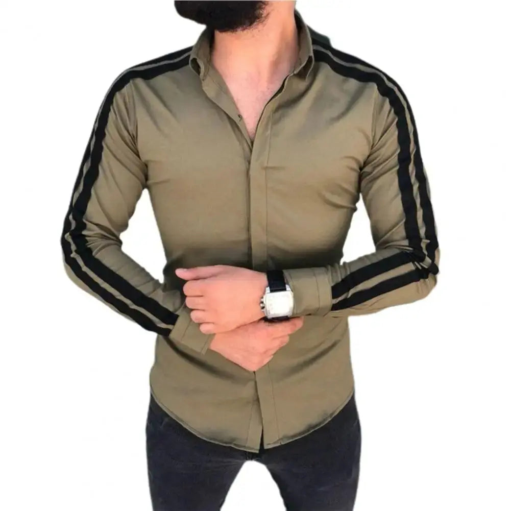 Long Sleeve Turn-down Collar Men Shirt Button Cuffs Side Striped Slim Office Shirt Leisure Clothing Casual Shirt korean popular Beauty hair & fashionfj