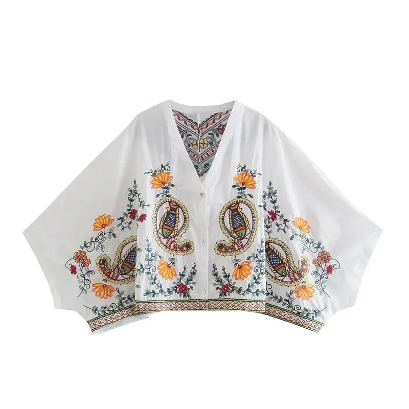 Batwing Sleeve Women Autumn Embriodery Paisley Print Skirt Set Outfits V Neck Button Tiered Mini Skirt Dress Suit Vintage Set Beauty hair & fashionfj