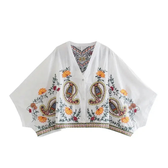 Batwing Sleeve Women Autumn Embriodery Paisley Print Skirt Set Outfits V Neck Button Tiered Mini Skirt Dress Suit Vintage Set Beauty hair & fashionfj
