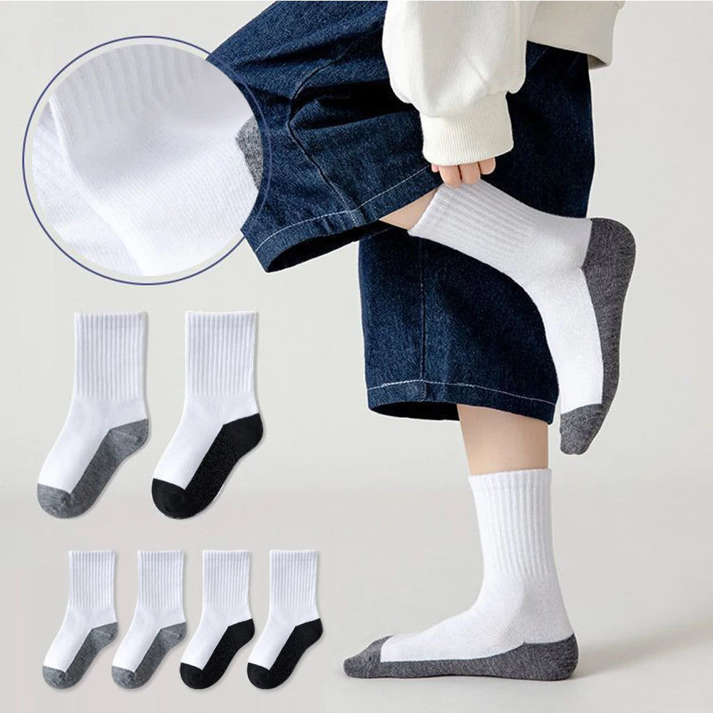 5 pairs of campus student white socks, boys' mid tube socks, mesh socks, breathable, spring and summer sports and leisure socks