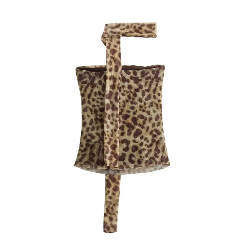 MUJER Leopard Print Tulle Crop Top Woman Ruched Off Shoulder Bandeau Top Women Sleeveless Backless Tube Top Summer Sexy Tops Beauty hair & fashionfj