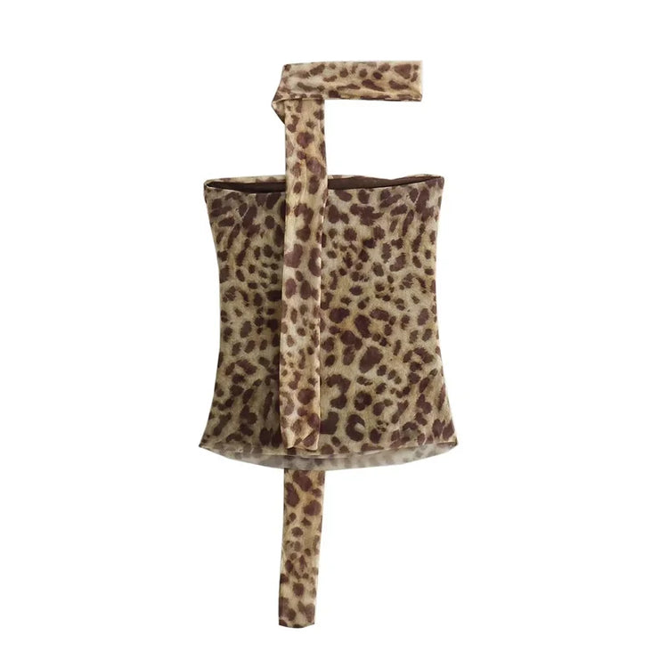MUJER Leopard Print Tulle Crop Top Woman Ruched Off Shoulder Bandeau Top Women Sleeveless Backless Tube Top Summer Sexy Tops Beauty hair & fashionfj