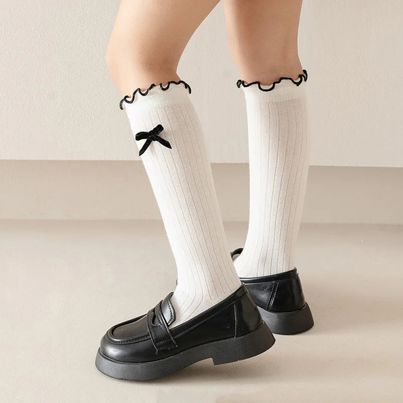 Girls Korean Bow Ruffle Calf Socks for Kids Cute White Knee High Long Lace Children Socks Spring Summer Soft School Stockings