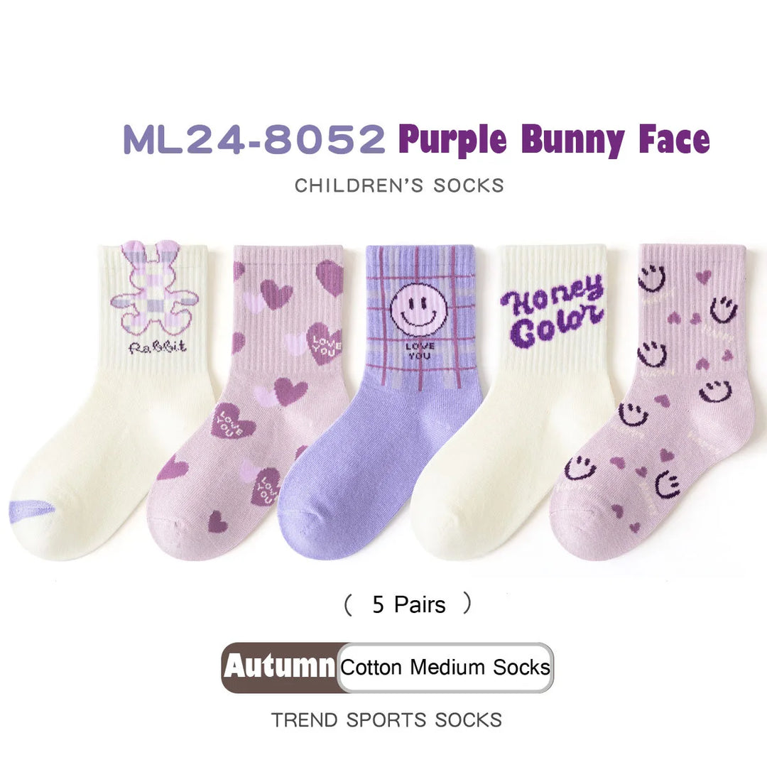 5 Pairs Girls Socks Cotton Socks Spring Autumn Letter Pattern Calf Socks A Class Sporty Socks