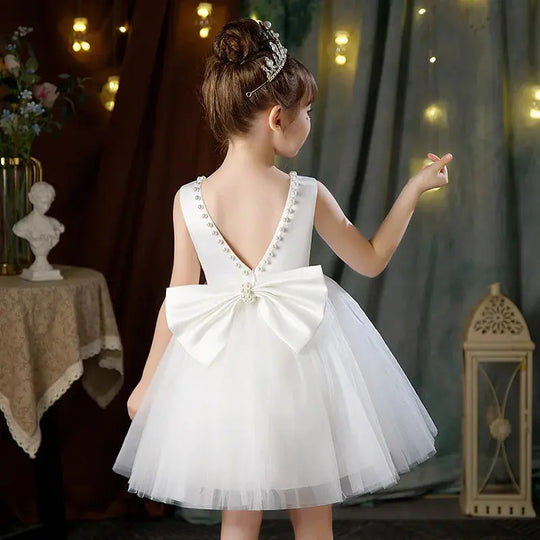 Summer Girls Party Dresses for Kids 3-8 Years Birthday Tulle Pearl Formal Evening Dress Backless Bow Flower Girl Wedding Dress Beauty hair & fashionfj