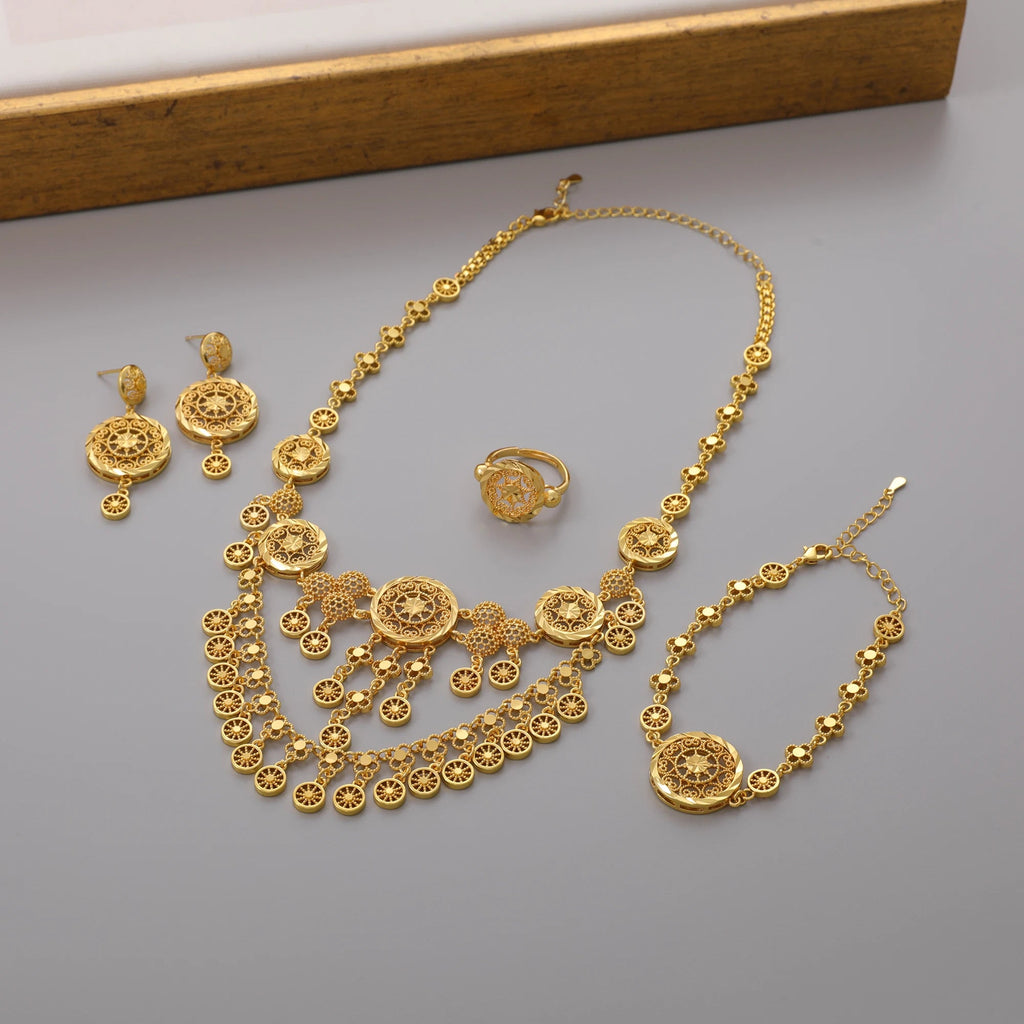 Dubai Gold Plated Necklace Earrings Ring Bracelet Arabian Traditional Vintage Jewelry Women's Set Bridal Wedding Jewelry Beauty hair & fashionfj