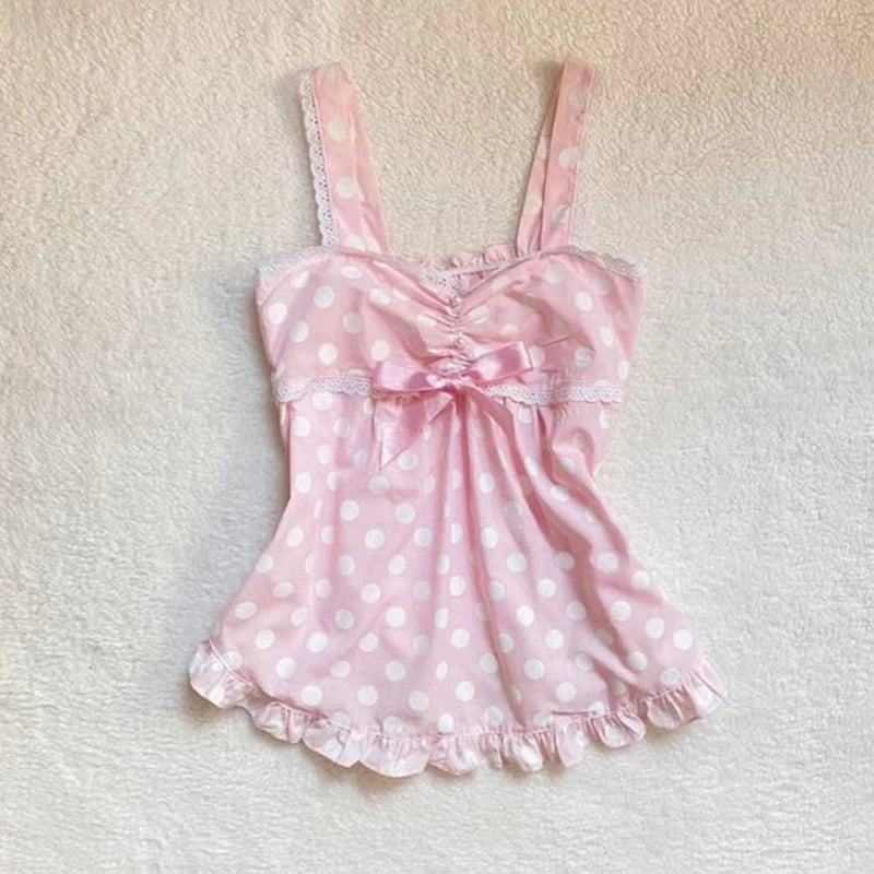 Women's Sweet and cute fairy tale style Y2K casual slim crop top polka dot kawaii bow lace all-match American Gothic cartoon top Beauty hair & fashionfj