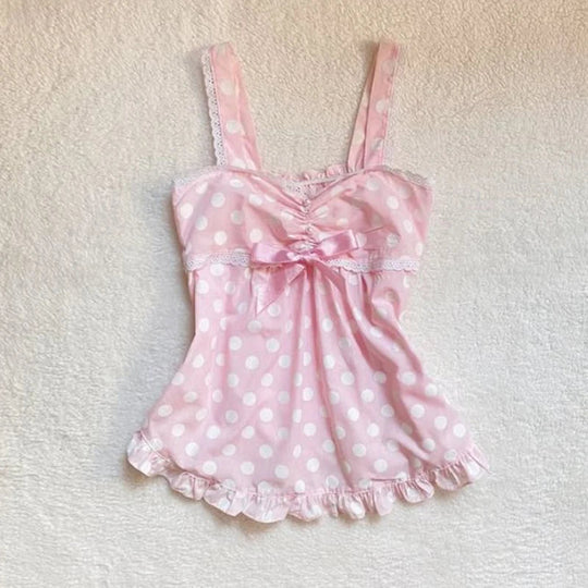 Women's Sweet and cute fairy tale style Y2K casual slim crop top polka dot kawaii bow lace all-match American Gothic cartoon top Beauty hair & fashionfj