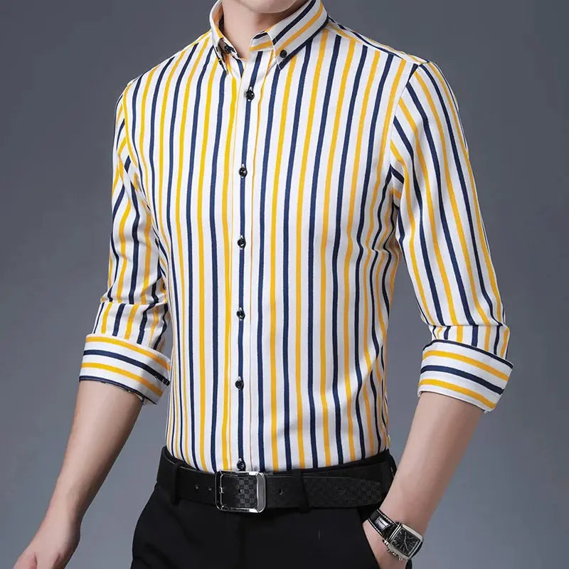 Men's Striped Button-Down Collar Design Iron-Free Dress Shirts, Long Sleeve Stretchy Casual Button Up Shirt for All-Seasons Beauty hair & fashionfj