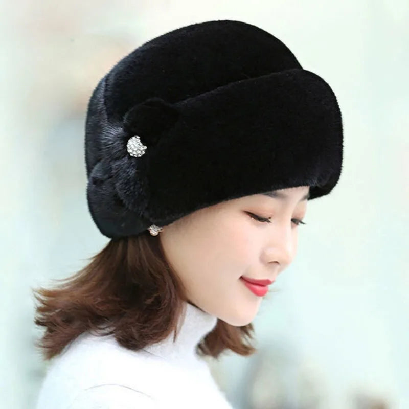 New Winter Warm Hat Imitation Mink Fur Caps For Women Earflap Fisherman Earwarmer Hat Floral Basin Cap