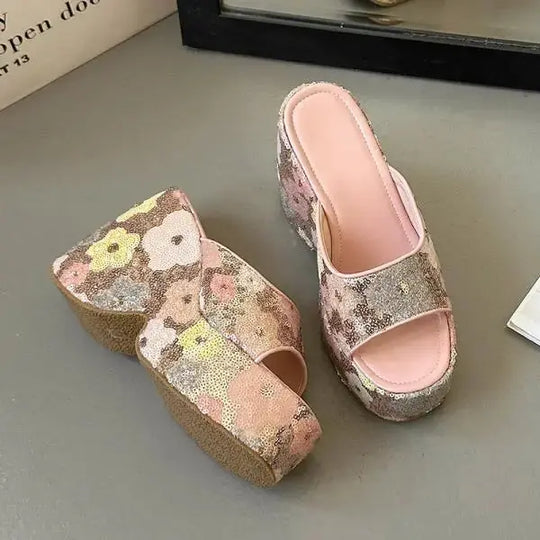 Slippers Women Summer On A Wedge Luxury Slides Shoes Flower Platform Pantofle Designer 2025 Floral Bling Fashion Shoes Woman's S Beauty hair & fashionfj