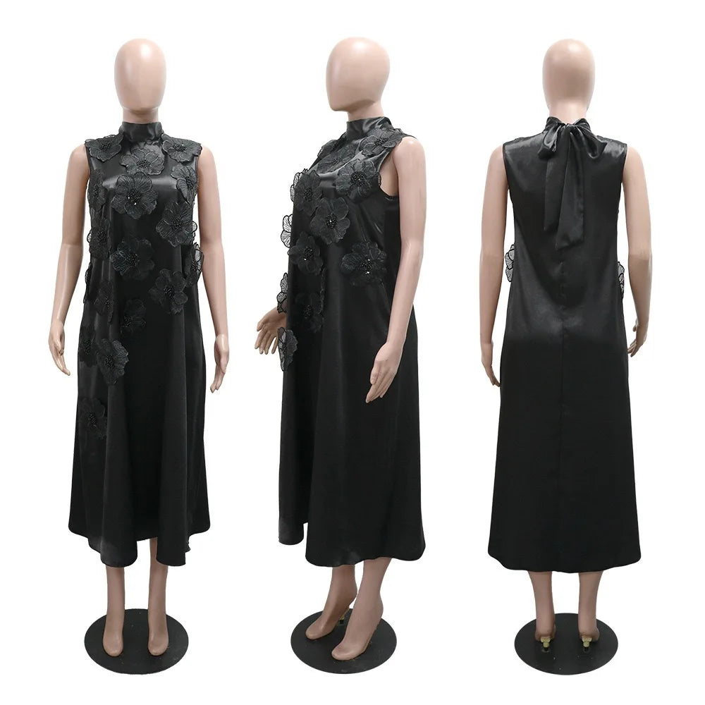 Elegant Dresses for Woman 2025 New O Neck Sleeveless Floral Decorate Straight Ankle Length Fashion Ladies Birthday Party Dress Beauty hair & fashionfj