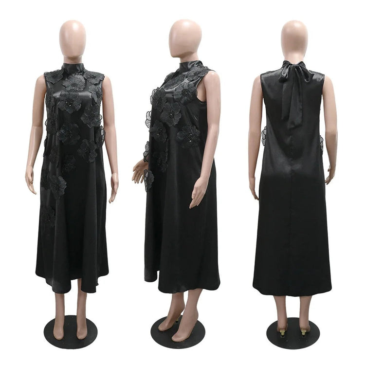 Elegant Dresses for Woman 2025 New O Neck Sleeveless Floral Decorate Straight Ankle Length Fashion Ladies Birthday Party Dress Beauty hair & fashionfj