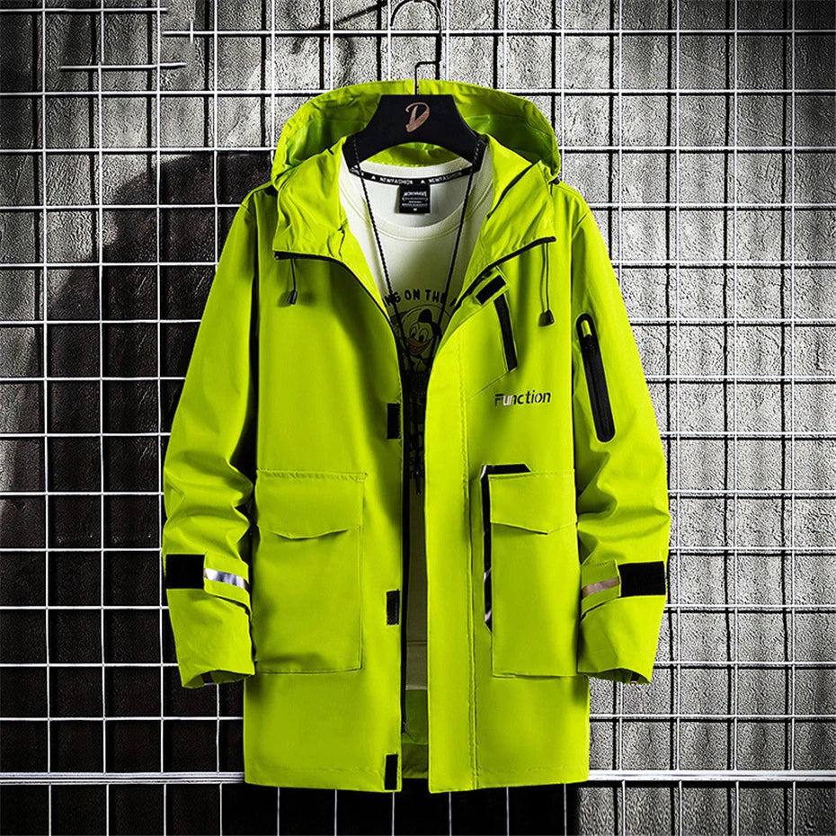Windbreaker Jacket Men 8XL Plus Size Long Jackets Reflective Strip Design Hooded Coats Camp Jackets Male Outerwear Outdoor