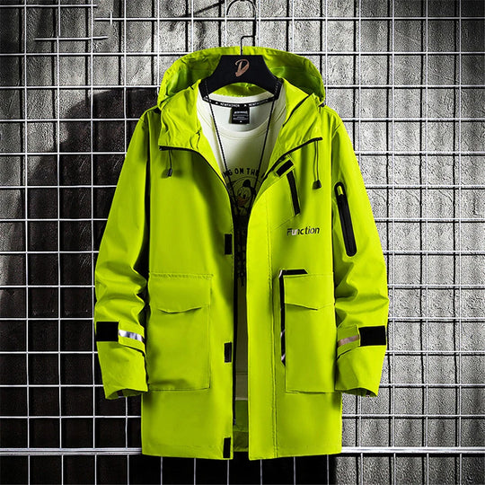 Windbreaker Jacket Men 8XL Plus Size Long Jackets Reflective Strip Design Hooded Coats Camp Jackets Male Outerwear Outdoor