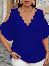 Elegant Off-Shoulder Wave V-Neck T-Shirt - Solid Color Plus Size Women&