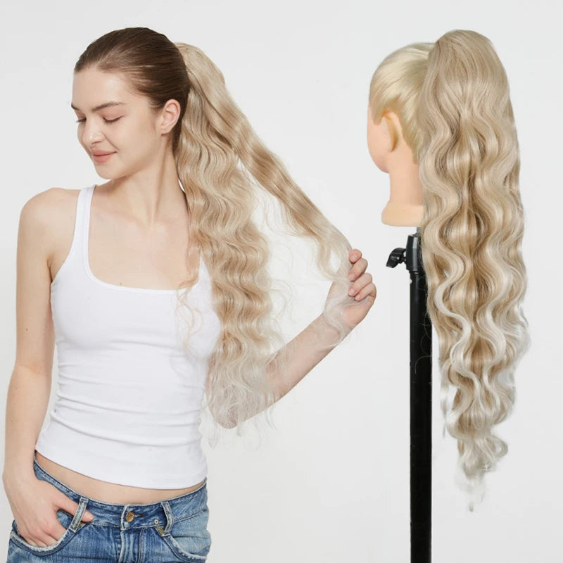 Julianna Synthetic Kanekalon Black Drawstring Water Wave Ponytail Extension Female Curly Wavy Clip In Ponytail Hair Extension