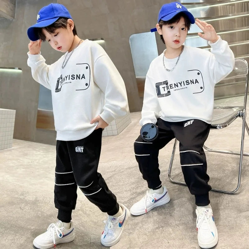 Boys Sweatshirts +Pants Kids Suits 2PCS/Set Cotton 2025 White Spring Autumn Outfits Teenagers Holiday Jogging Suit Children Clot Beauty hair & fashionfj