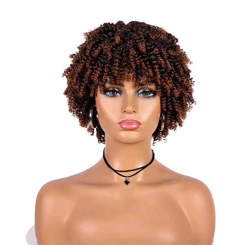 Short Kinky Curly Afro Synthetic Hair Wig for Black Women with Bangs Natural Cosplay